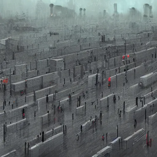 Prompt: Trending on Artstation, Dark and rainy mega city with towering walls built to block the migrants of the coming climate change migrant crisis showing piles of hundred bodies outside to maintain a quality of life for those who can survive the severe and deadly weather patterns observing small children targeted by advanced military style drones, dystopian, concept art illustration, tilt shift background, wide depth of field, 8k, 35mm film grain