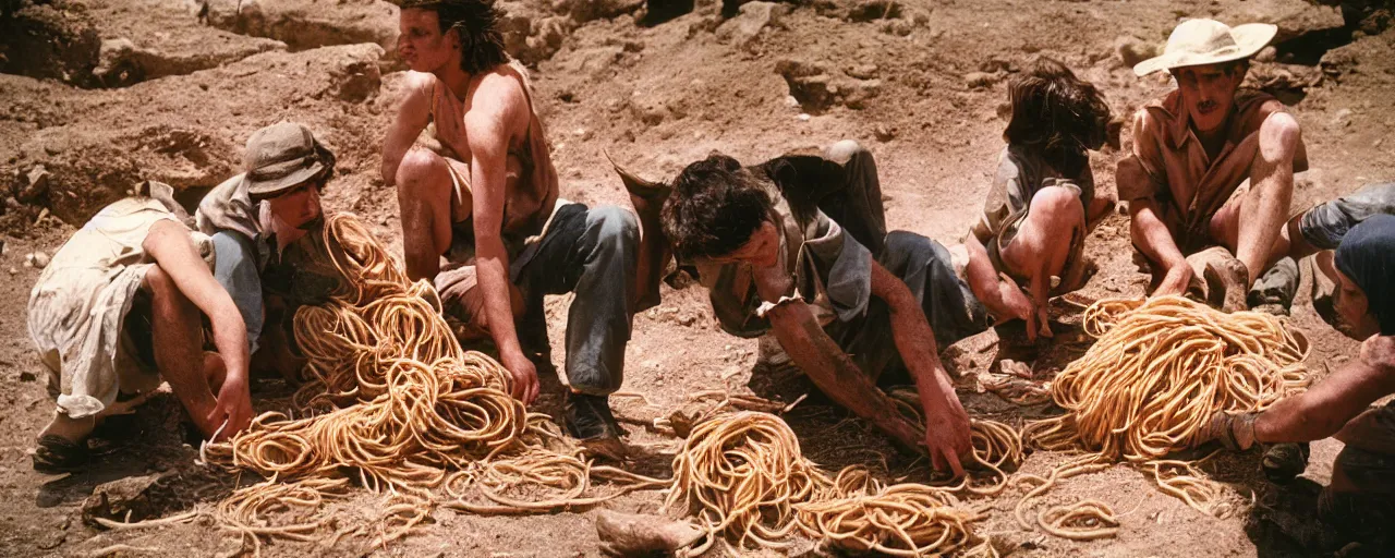 Image similar to archaeologists discovering ancient spaghetti, canon 5 0 mm, super detailed face, facial expression, cinematic lighting, photography, retro, film, kodachrome