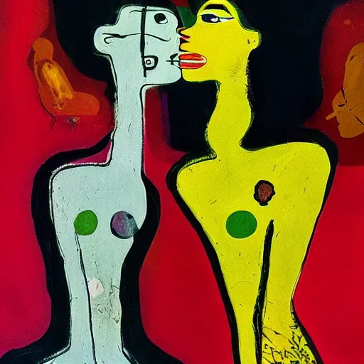 Prompt: beautiful painting of two bizarre psychedelic women kissing each other closeup in a cafe in japan, speculative evolution, mixed media collage by basquiat and jackson pollock, magazine collage art, sapphic art, lesbian art