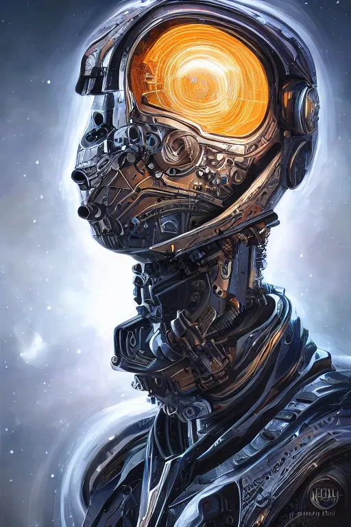 Image similar to portrait of a space cyborg, 3d, third person, lasers, cosmic background, fantasy, intricate, elegant, highly detailed, lifelike, photorealistic, digital painting, artstation, illustration, concept art, sharp focus, art in the style of art nouveau