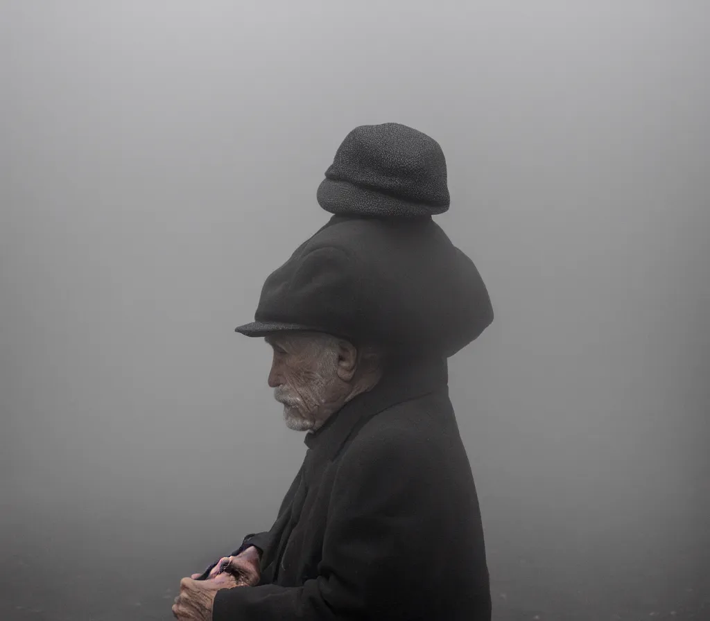 Image similar to Old man with a newsboy hat waits for a train with heaps of baggage on a foggy platform, low angle, morning hard light