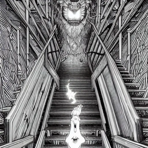 Image similar to a huge howling angry wolf in a huge bright maze of many doorways and lots of stairs, many doorways, inside MC Escher architecture, artstation, Junji Ito, epic composition, detailed background