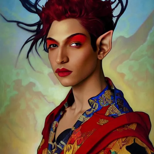 Image similar to a beautiful and androgynous half - elf with dark skin tone and messy short red hair dressed in a colorful jodhpuri suit, dnd character, golden aura, realistic portrait by ross tran and gerald brom and kehinde wiley and fernando amorsolo and alphonse mucha, trending on artstation