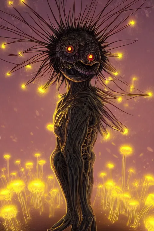 Image similar to a glowing humanoid figure dandelion monster with large glowing eyes, highly detailed, digital art, sharp focus, trending on art station, artichoke, anime art style