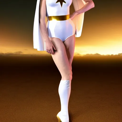 Image similar to brie larson as dc comics'' power girl ', full body with white leotard costume and cape and open chest, pinup photo, 4 k