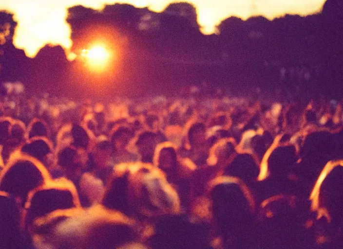 Prompt: a 2 8 mm macro photo from the back of a crowd at a rock concert festival in silhouette in the 1 9 7 0 s, bokeh, canon 5 0 mm, cinematic lighting, dramatic, film, photography, golden hour, depth of field, award - winning, 3 5 mm film grain