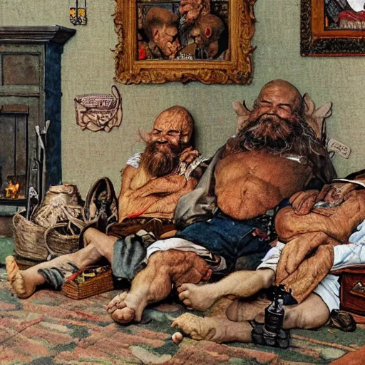 Image similar to detailed photo of extremely beautiful dwarves having good rest after work, intricate details, norman rockwell style