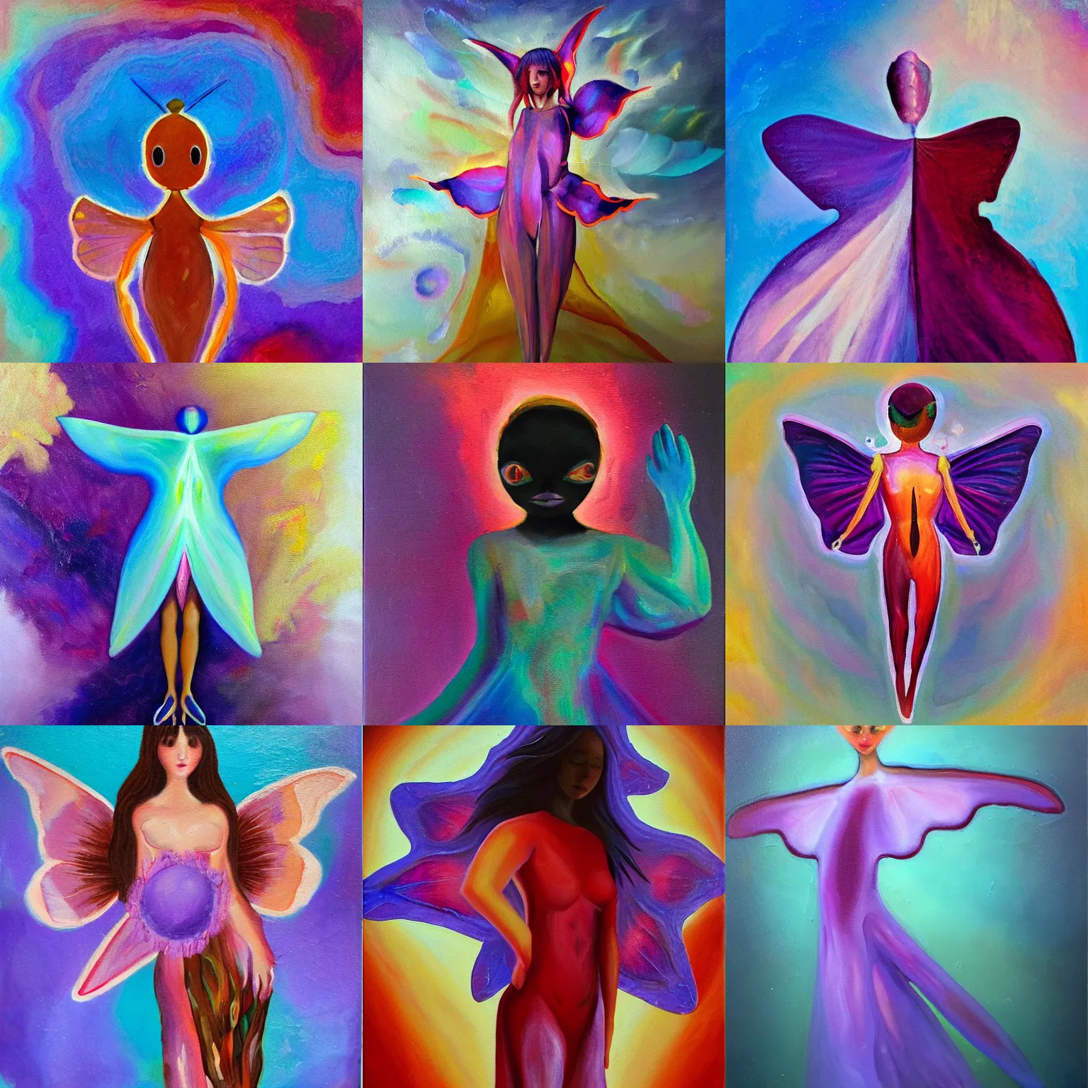 Prompt: an oil painting of cute moth sea butterfly humanoid , superflat art, very ethereal, joy, painterly, heavy impasto, purple, scarlet and blue colours soft gradient, moth inspired dress, androgynous, happy calm, ambient, calming, vantablack, chiaroscuro