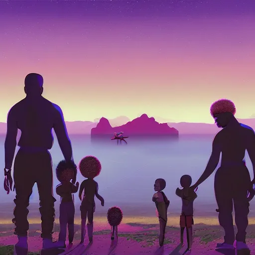 Image similar to A painting of Kanye West and his family looking on at the horizon, afrofuturism, Simon Stalenhag, 8K concept art, purple skies, intricate details, minimal artifacting