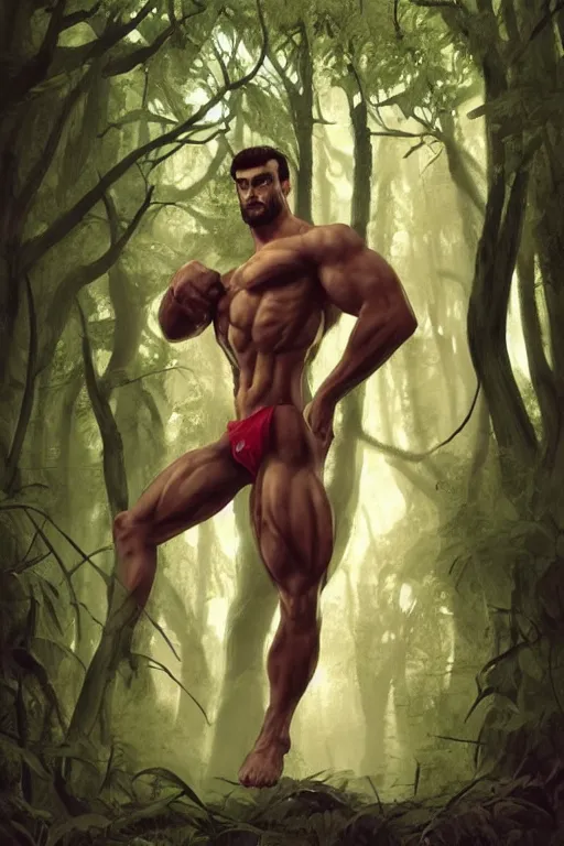 Image similar to gigachad luigi bodybuilder in the forest by ilya kuvshinov, ernest khalimov body by sleekntears, super mario bros symmetrical face concept art, hyper realistic, intricate, elegent, highly detailed, digital painting, concept art, smooth, sharp, focus, illustration, art by artgerm and greg rutkowski and alphonse mucha, artstation