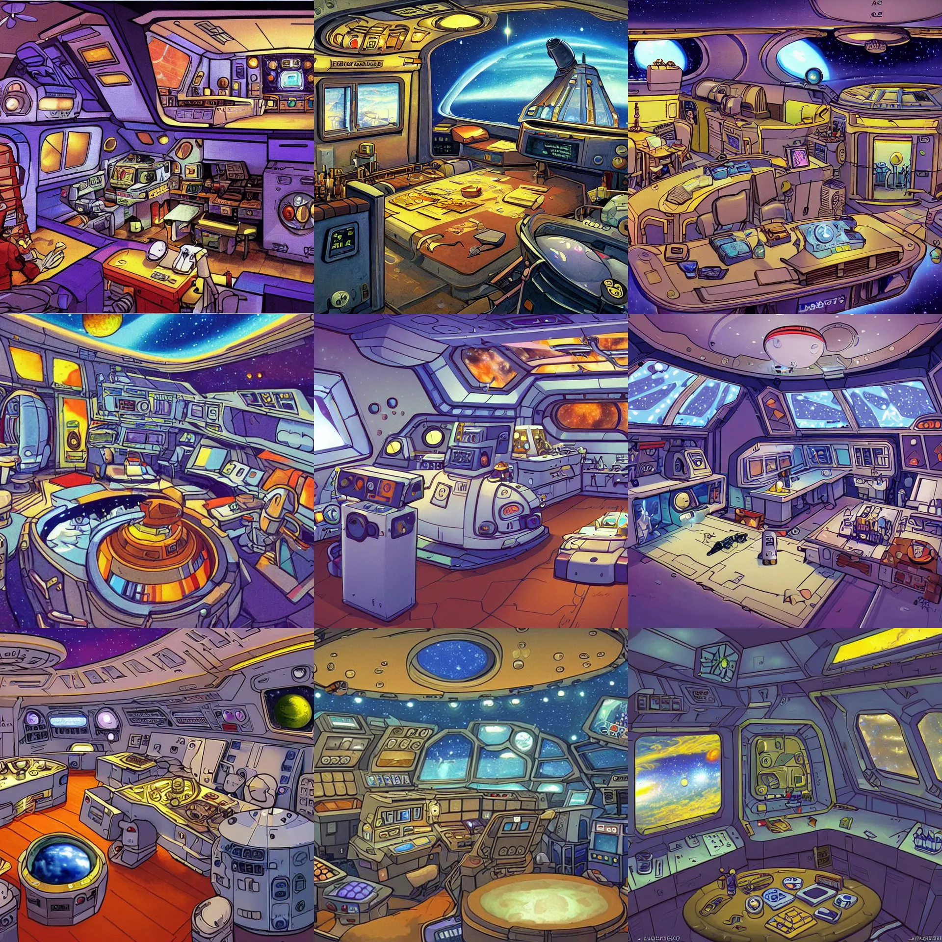 Prompt: the officer's mess onboard a spaceship, from a space themed lucasarts point and click 2 d graphic adventure game, art inspired by thomas kinkade