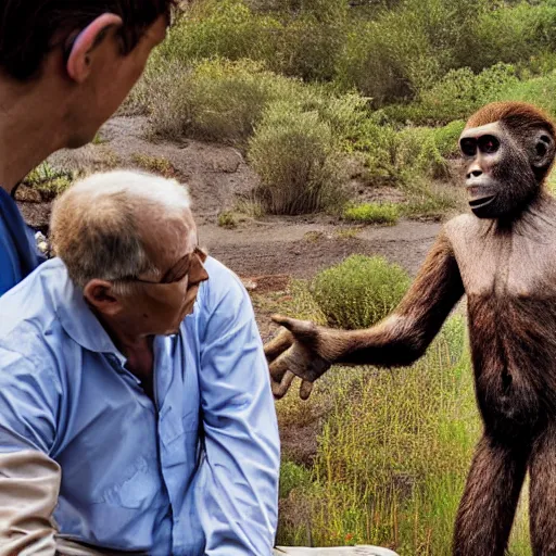 Image similar to Australopithecus meeting modern scientist, field researcher, proto-human meeting modern human, 2022 photograph, award-winning photo