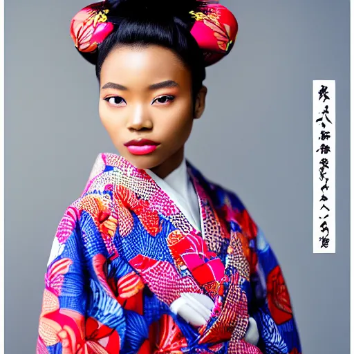 Prompt: beautiful young african - japanese model, wearing a kimono. zeiss 1 5 0 mm f 2. 8 hasselblad