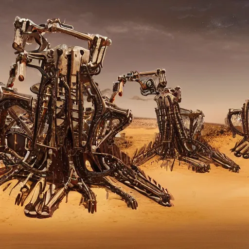 Prompt: painting of a dozen buried biomechanical robots in the desert, oasis, 4 k. cinematic. epic.