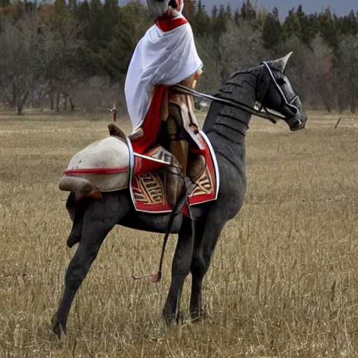 Image similar to crusader riding a horse sized canadian goose into battle