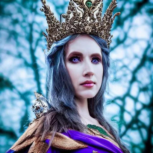 Prompt: photo of a beautiful elven queen queen with ornate crown and cloak, telephoto lens, incredibly detailed, macro 35mm 8k, HDR, studio