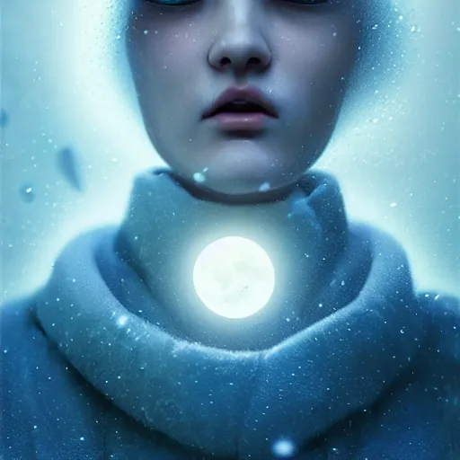 Prompt: 3 d, sci - fi, close - up, winter, fashion model esthete with disgust face, moon rays, cinematic, fog, multiple exposure, deep blue mood, vogue cover style, poster art, intricate oil painting, high detail illustration, figurative art, poster art, by tooth wu and wlop and beeple and greg rutkowski