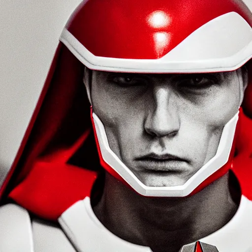 Image similar to headshot of a tall athletic muscular infantry man in glossy sleek white armor with tiny red details and a long red cape, heroic posture, strong jawline, on the surface of mars, night time, dramatic lighting, cinematic, sci-fi, hyperrealistic