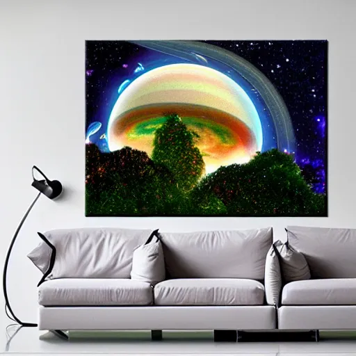 Image similar to fancy futuristic treehouse style mansion with smooth metal and domed roof, high with view of saturn rings and jupiter on space nebula galaxy background, detailed luminescent oil painting 4 k