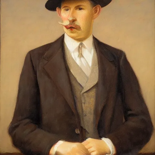 Image similar to portrait of a british man in a flat hat, a small mustache, and a nice brown suit, oil painting