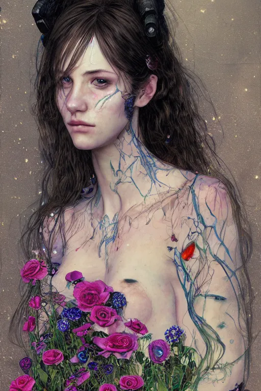 Image similar to portrait of beautiful young maiden, warhammer, cyberpunk, a lot of scars, more and more flowers, readhead, the future ages, highly detailed, artstation, illustration, art by gustav klimt, 8 k quality