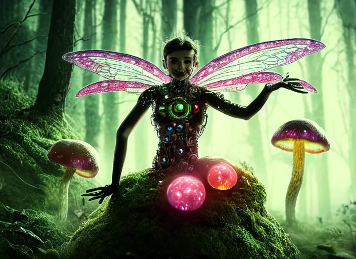 Prompt: 12mm intricate mechanical fairy with visible gears and electronics and optic Fibres sitting on top of a mushroom in a magical forest. Very detailed 8k. Fantasy cyberpunk horror. Sharp. Cinematic post-processing