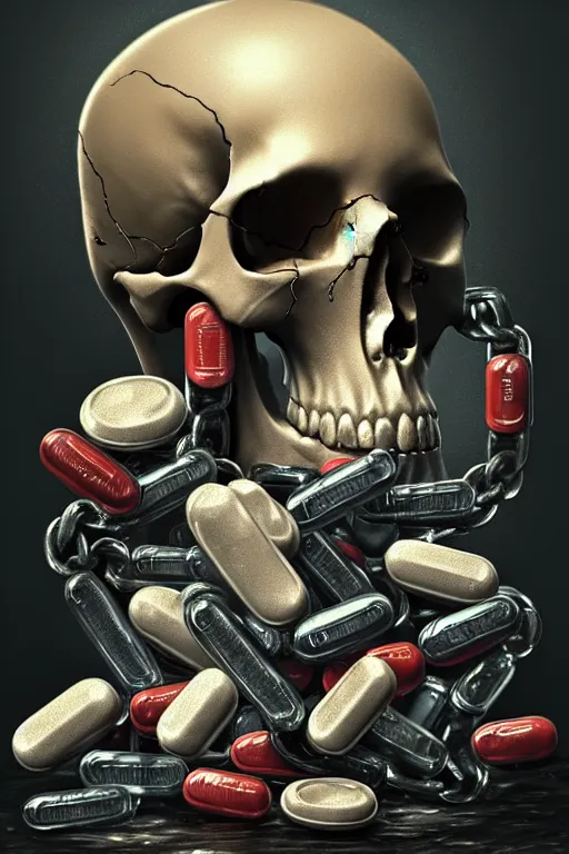 Image similar to pile Off pills , drugs and a skull on the table, skull made out of smoke coming out of pills, fantasy, intricate, elegant, highly detailed, digital painting, artstation, concept art, addiction, chains, smooth, sharp focus, illustration, art by Ilja Repin