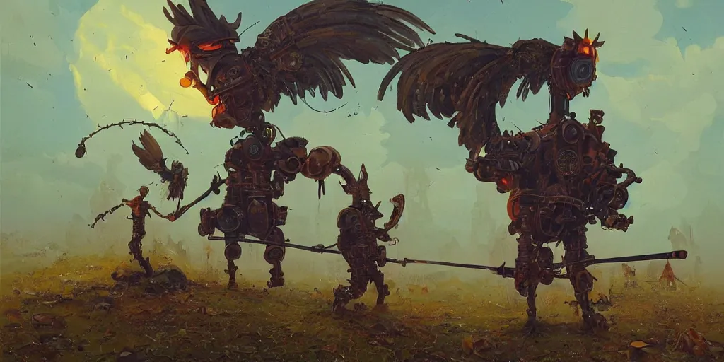 Prompt: a beautiful oil painting with brushstrokes, of an ominous steampunk chicken wearing full body armor and carrying a large scythe, by simon stalenhag, by pascal blanche, by james gurney and beeple. color scheme john berkey.