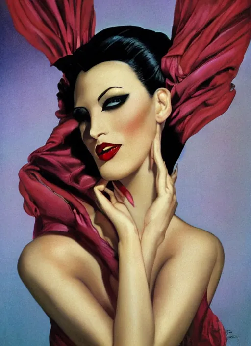 Image similar to an 8 0 s portrait of a woman with dark eye - shadow and red lips with dark slicked back hair dreaming acid - fueled hallucinations by serge lutens, rolf armstrong, delphin enjolras, peter elson, red cloth background