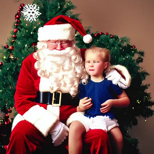 Image similar to santa claus sitting on a kid's lap at the mall, film camera photo, highly detailed, high definition, ultra realistic