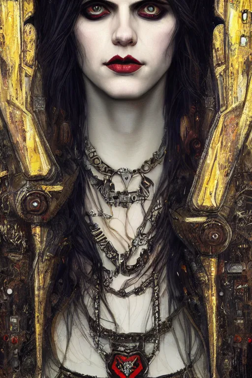 Image similar to portrait of beautiful gothic Alexandra Daddario, cyberpunk, Warhammer, highly detailed, artstation, illustration, art by Gustav Klimt