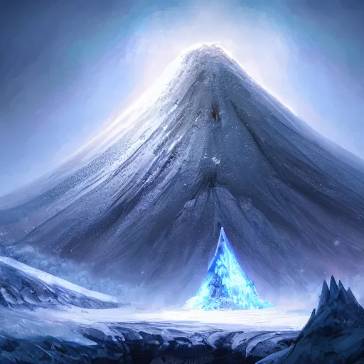 Image similar to digital painting of a frozen ice covered volcano, style of dark souls III, concept art, high angle, high detail, cold lighting, dark, vivid, beautiful, trending on artstation, by Jordan grimmer, no focus, huge scene, terrain visible