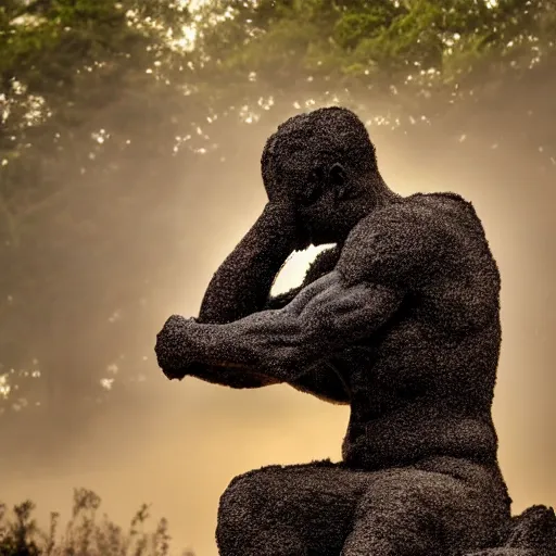 Prompt: the thinker sculpture disintegrating into dust, in a forest at dusk