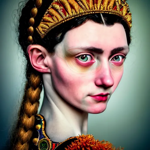 Image similar to Colour Caravaggio style Photography of Highly detailed beautiful Woman with 1000 years perfect face and wearing detailed Ukrainian folk costume designed by Taras Shevchenko also wearing highly detailed retrofuturistic Tiara designed by Josan Gonzalez. Many details In style of Josan Gonzalez and Mike Winkelmann and andgreg rutkowski and alphonse muchaand and Caspar David Friedrich and Stephen Hickman and James Gurney and Hiromasa Ogura. Rendered in Blender and Octane Render volumetric natural light