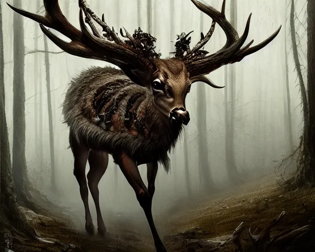 Image similar to 5 5 mm portrait photo of an armored demonic undead deer with antlers, in a magical forest looking at the camera. dark atmosphere. art by greg rutkowski and luis royo. highly detailed 8 k. intricate. lifelike. soft light. nikon d 8 5 0.