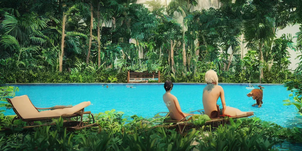 Prompt: swimming pool in the middle of the jungle a cat and a dog playing around , beach chair , octane render