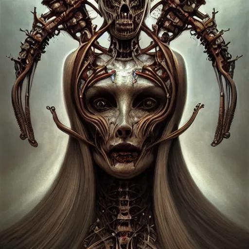 Image similar to a portrait of a beautiful biomechanical goddess of death, horror concept art by giger and beksinski and szukalski and wlop and pete mohrbacher, digital art, highly detailed, intricate, sci-fi, sharp focus, Trending on Artstation HQ, deviantart, unreal engine 5, 4K UHD image