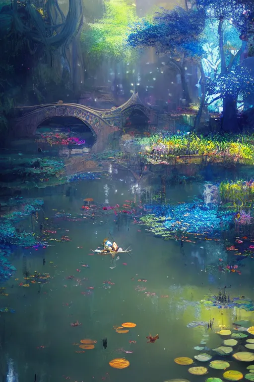 Image similar to nenufar in a pond, colorful, blue backgroung,clean, joyful, intricate, elegant, volumetric lighting, scenery, digital painting, highly detailed, artstation, sharp focus, illustration, concept art, ruan jia, steve mccurry