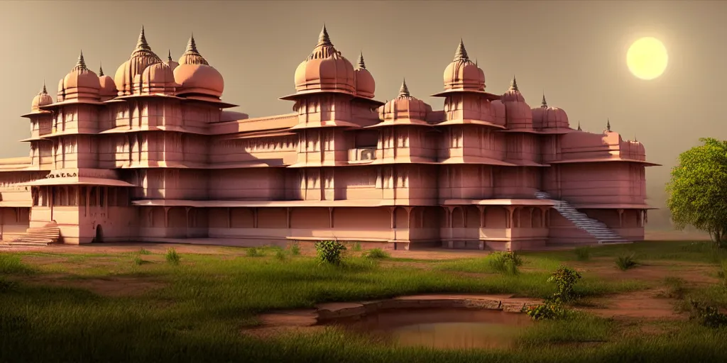 Image similar to a 3 d concept art of an indian palace by oliver beck, hyper realism, extremely detailed, atmospheric