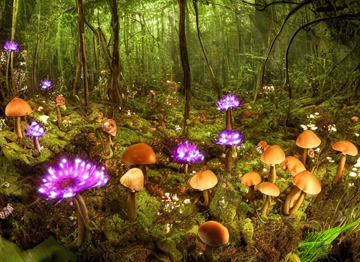 Image similar to glowing delicate flower and mushrooms that grow in a dark fatansy forest on the planet Pandora,