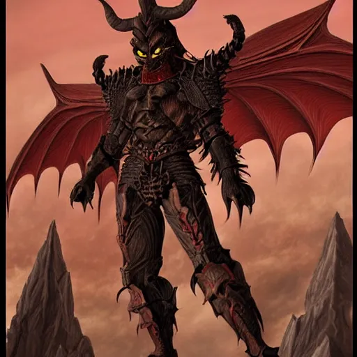 Prompt: am a naranbaatar ganbold, jean giraud, artgerm, devil in armor made of iron and dragon bones, with hellish devil wings, height detailed body elements