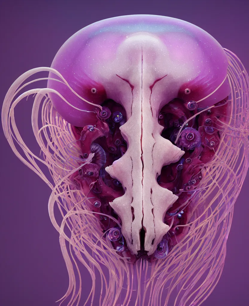 Image similar to goddess princess face close-up portrait ram skull. jellyfish phoenix head, nautilus, orchid, skull, betta fish, bioluminiscent creatures, intricate artwork by Tooth Wu and wlop and beeple. octane render, trending on artstation, greg rutkowski very coherent symmetrical artwork. cinematic, hyper realism, high detail, octane render, 8k