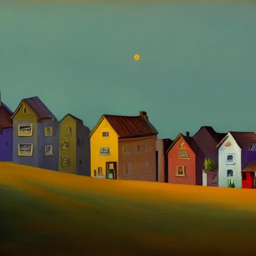 Image similar to a painting of a small village with crooked wooden houses designed by Tim Burton, the village is on a hill, the sky is dark with stars shining through, in the style of Edward Hopper, 4K,