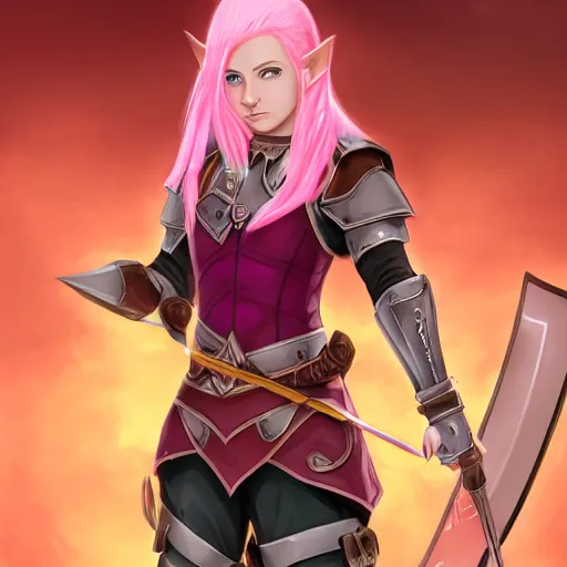 Prompt: beautiful, pink short haired, half elf woman, healer wearing cleric clothing and holding a shield, dungeons and dragons, character portrait, full face render, crimson eye color, illustration drawing, cell shaded, anime style 4 k, 8 k, hyper detailed, back lighting