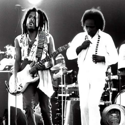 Prompt: bob marley performing at coachella with freddie murphy from queen, photo, concert