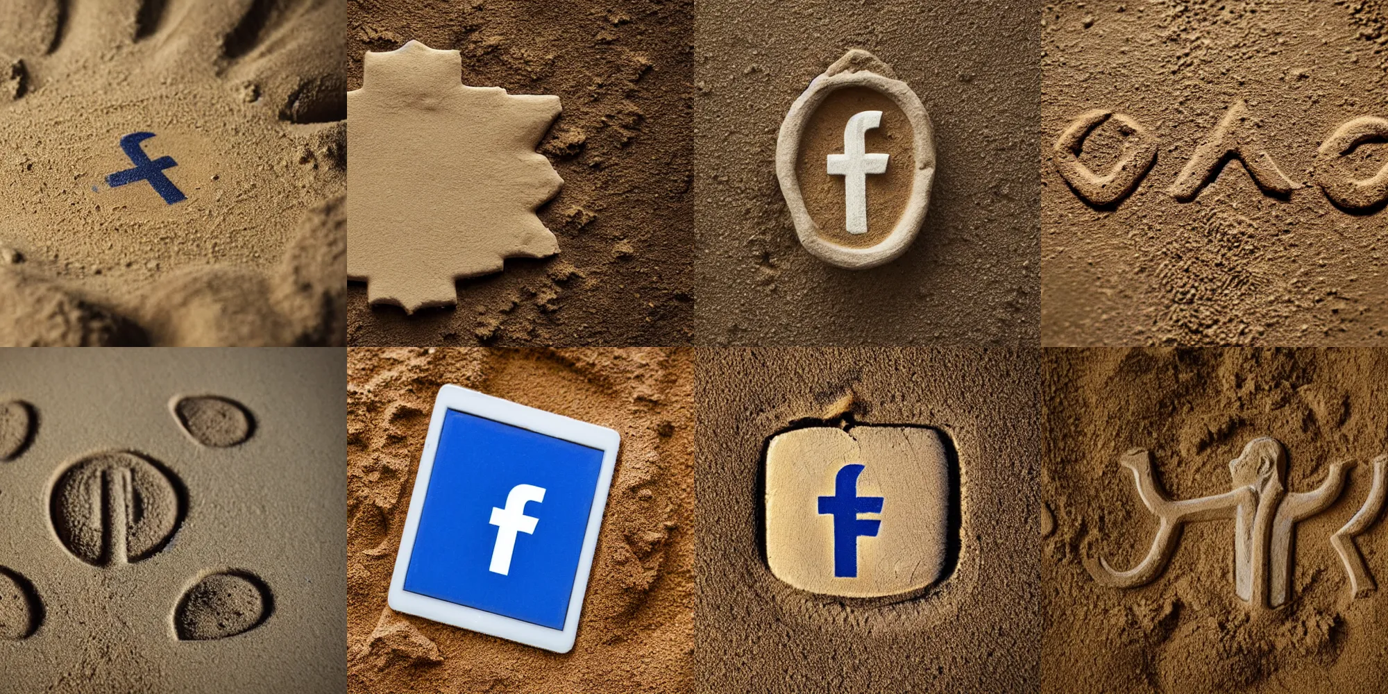 Prompt: a small tablet under sand with facebook logo painted carving, ancient egyptian, dusty, old, amulet, intricate hyperdetail macrophoto, natgeo