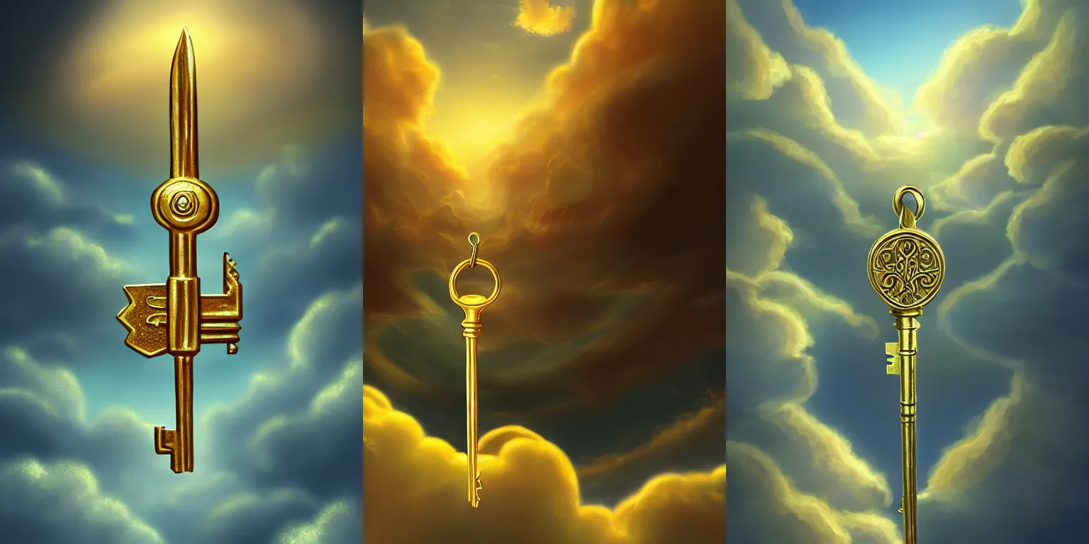 Prompt: Illustration of a golden key in the clouds. Fantasy, digital painting, HD, 4k, detailed, artwork, bloom, lighting.