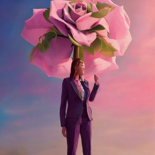 Image similar to closeup, giant rose flower head, frontal, girl in a suit, surreal photography, sunrise, dramatic light, impressionist painting, digital painting, artstation, simon stalenhag