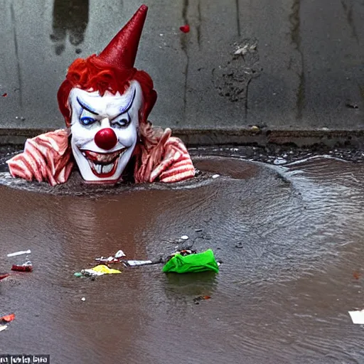 Prompt: horror image of clown from it trying to crawl out of a flooded sewer drain with trash and debris floating in dirty water, stephen king movie scene