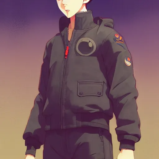 Image similar to a handsome young man! model, wearing ma - 1 flight suit jacket and overalls, bulky poofy bomber jacket with mayan patterns, trending on pixiv fanbox, painted by greg rutkowski makoto shinkai takashi takeuchi studio ghibli, akihiko yoshida